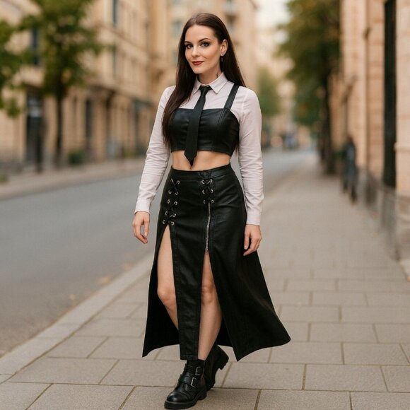 Oh Yes Lace-Up Slit Skirt W/ High Waist & Gothic Streetwear Edge – NWT M - Picture 7 of 8